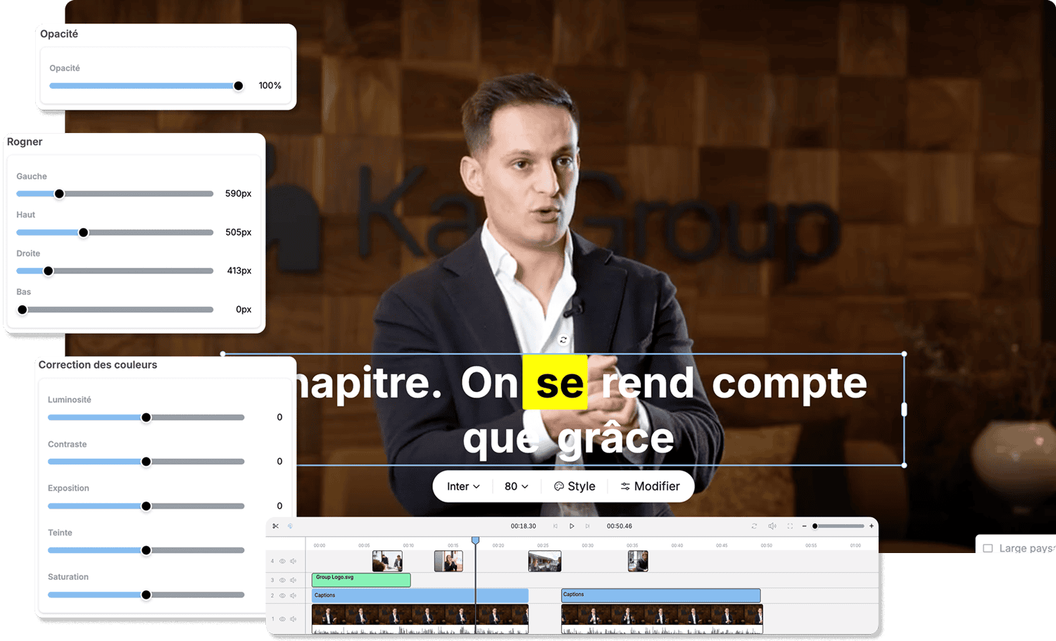 Éditeur vidéo IA studio nextOp — interface de montage et publication