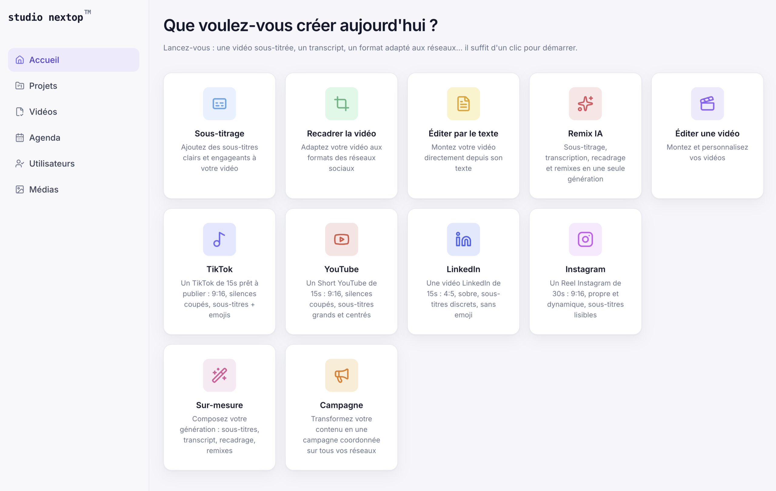 Plateforme studio nextop : sous-titrage, recadrage, édition par le texte, remix IA et formats réseaux